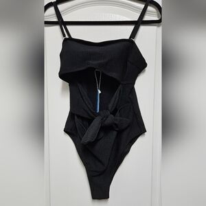 Black Ribbed Cutout One Piece Swimsuit Tie Front High Cut NWT